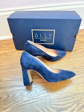 Ally Shoes Navy Suede Pointed Toe Block Heels